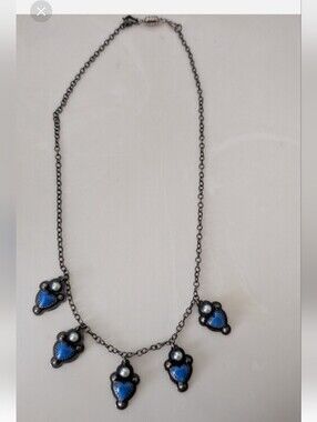 Southwestern Lapis Heart Pearl Sterling Necklace ( Signed Miki ) One Of A Kind